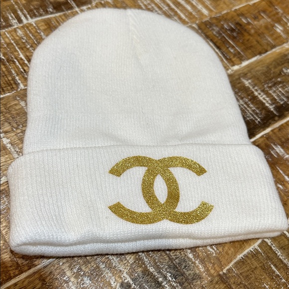 White Beanie with Gold Logo - Picture 2 of 3